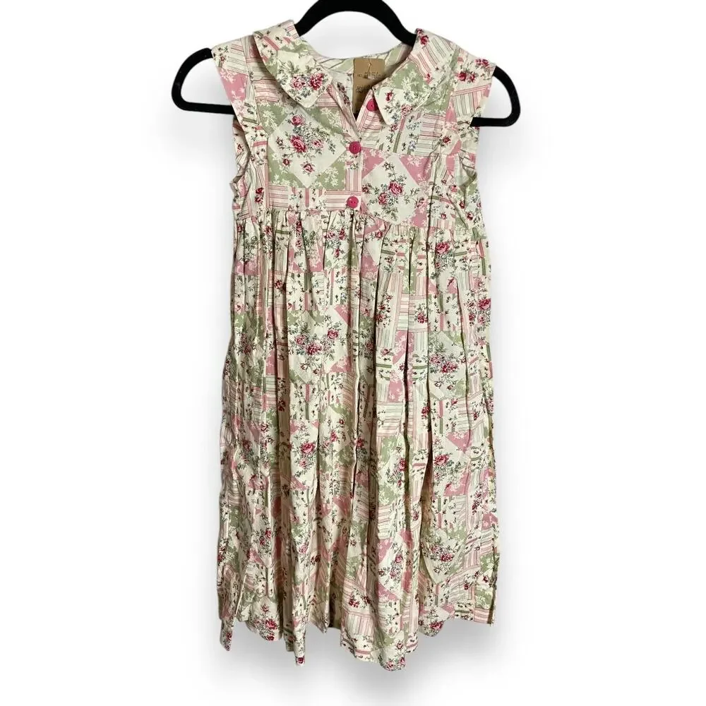Vintage Shabby Chic Girls Floral Patchwork Print Sleeveless Dress Ivory Pink